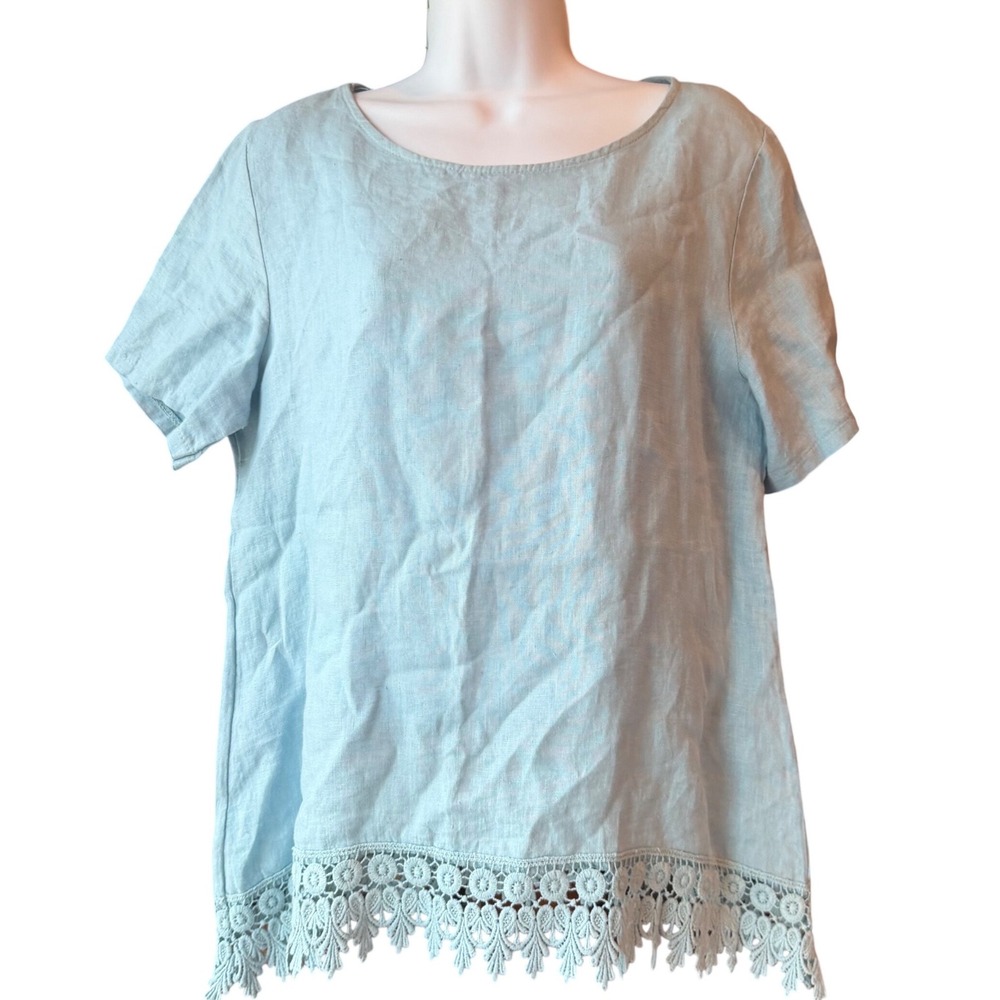 Terzo Millennio Linen Top Sz Medium Blue Made Italy Crochet Lace Hem Lagenlook